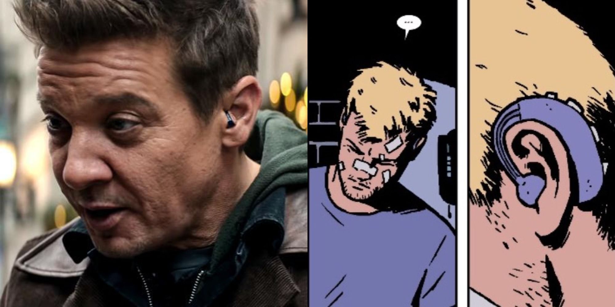 Split image showing Hawkeye wearing hearing aids in the Disney+ show and the comics