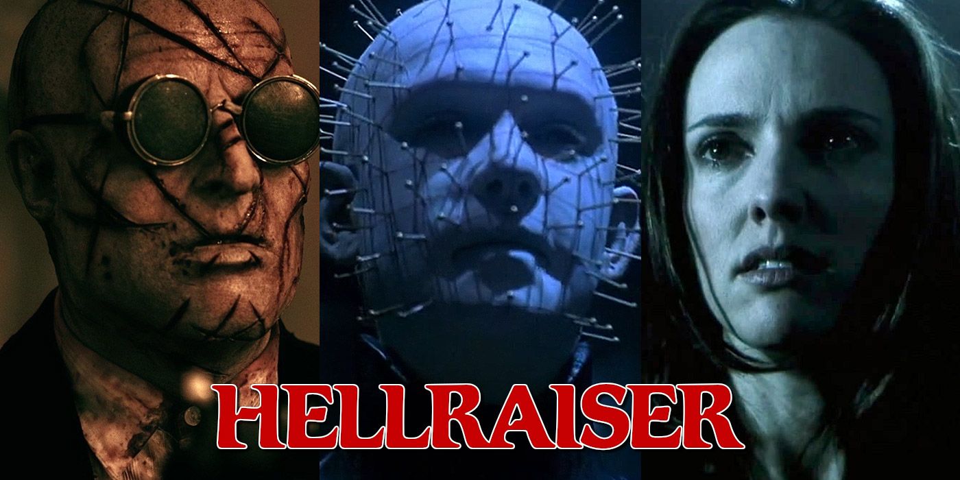 Split image of the Auditor, Pinhead glaring in blue shadow, and Kirsty from Hellraiser.