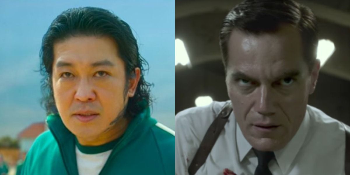 Heo Sung tae as Jang Deok-su in Squid Game beside Michael Shannon as Agent Strickland in The Shape of Water