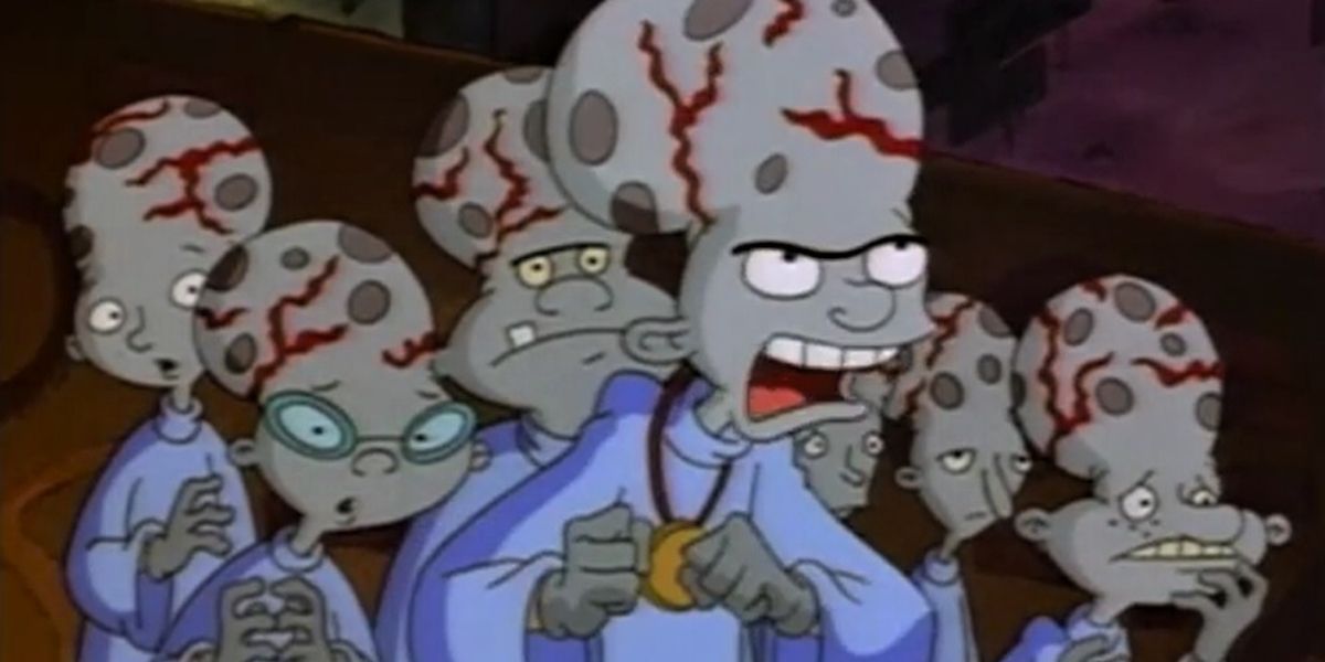 Helga e os outros residentes vestidos como zumbis esquisitos em Hey Arnold!: Arnold's Halloween