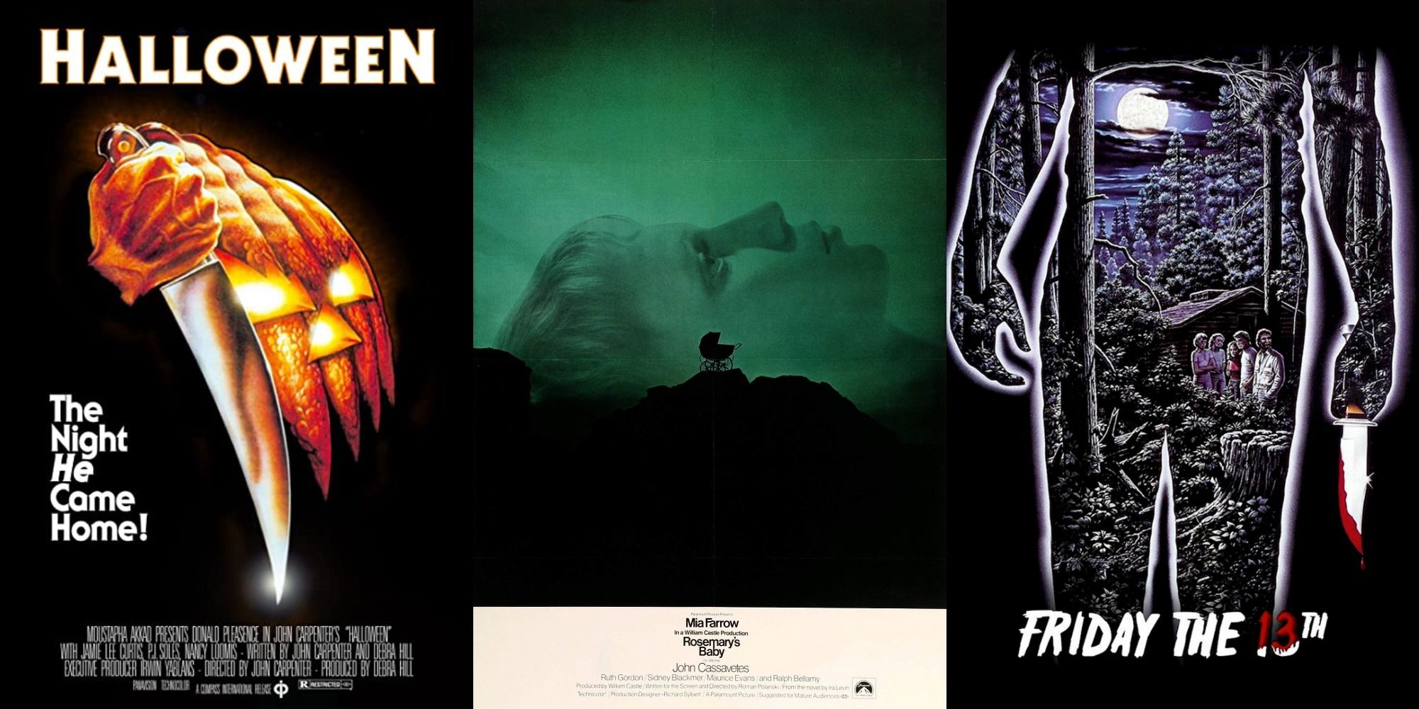 Split image showing posters for Halloween, Roesamry's Baby, and Friday the 13th