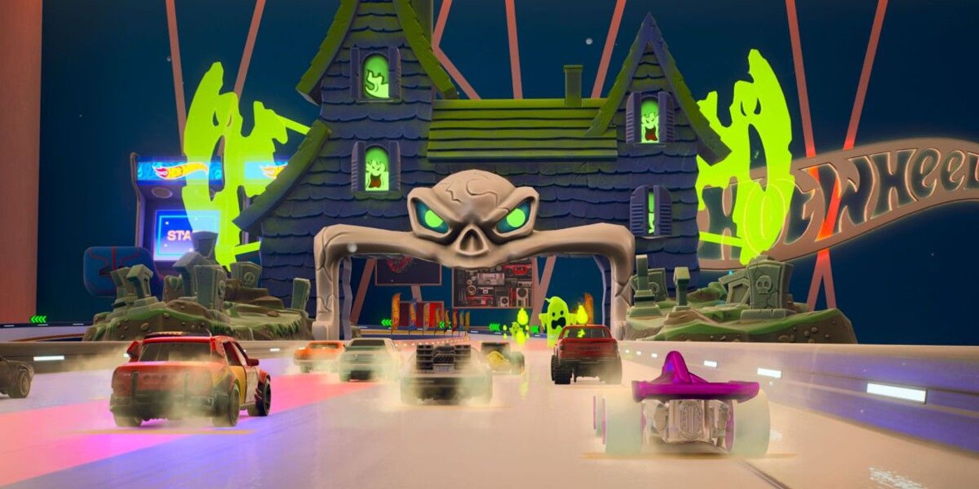 Hot Wheels Unleashed cars racing through a haunted house track