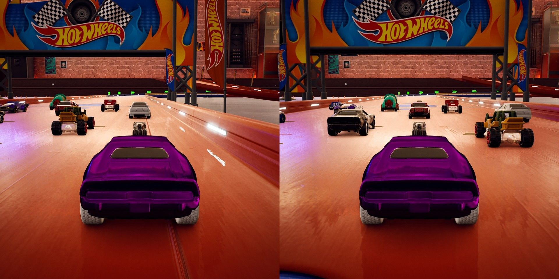 Hot Wheels Unleashed being played in Split Screen with two purple cars racing each other