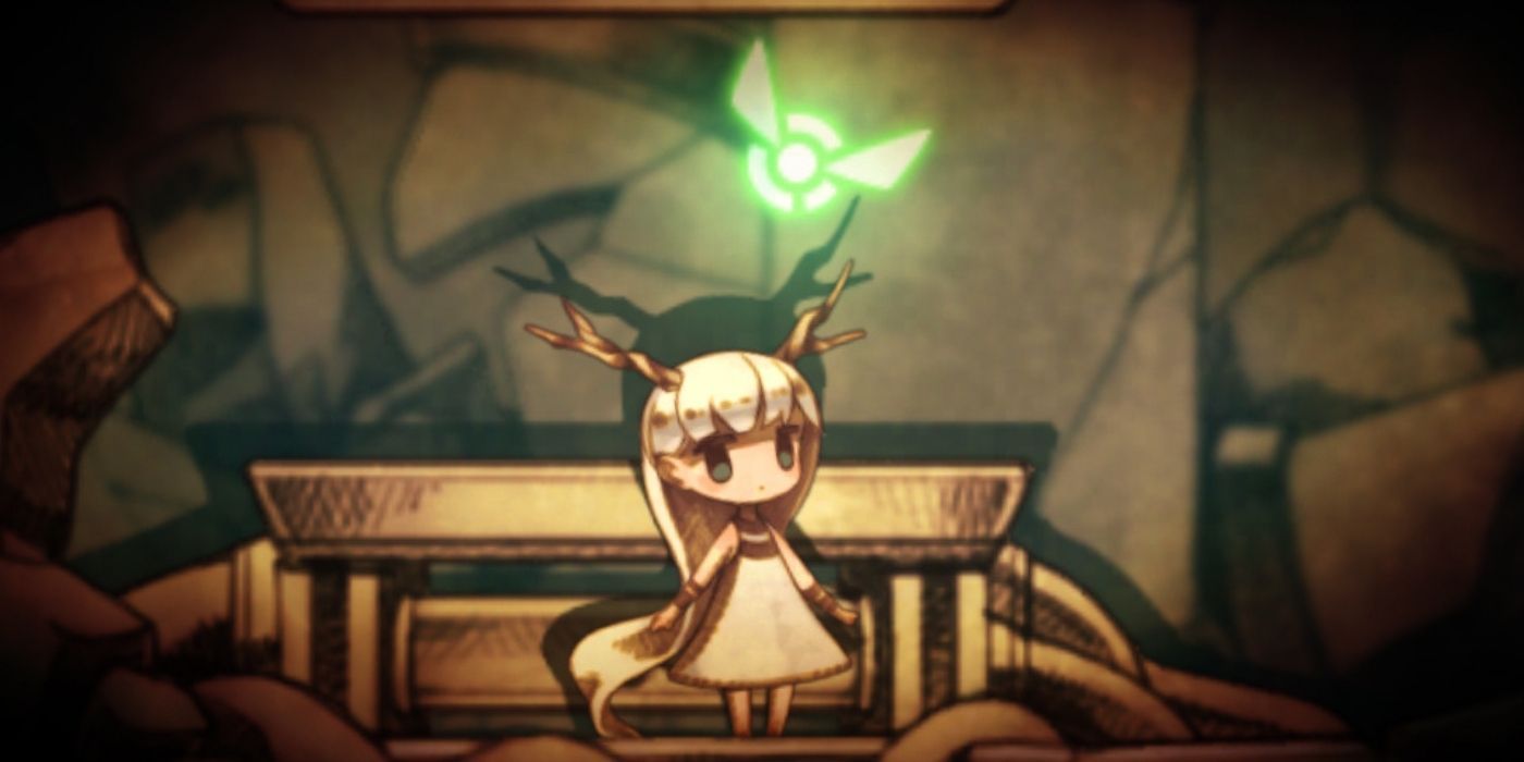 A character with a green light avobe in Hotaru no Nikki