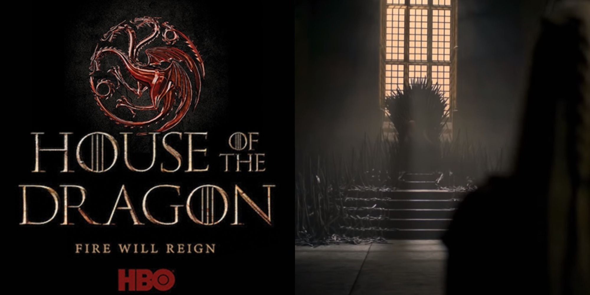 Split image of the House of the Dragon logo and the Iron Throne