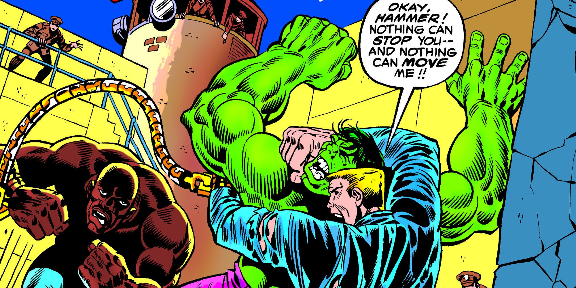 The Hulk grapples with bad guys