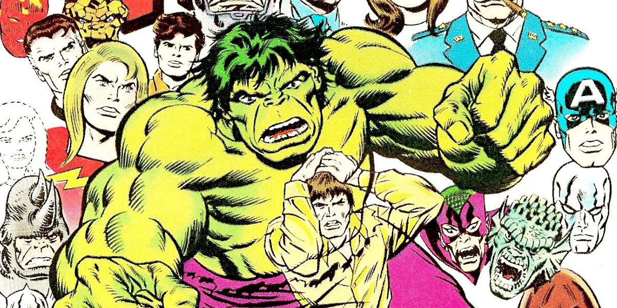 The Hulk changes into Bruce Banner while the faces of various other Marvel Comics characters float around him.