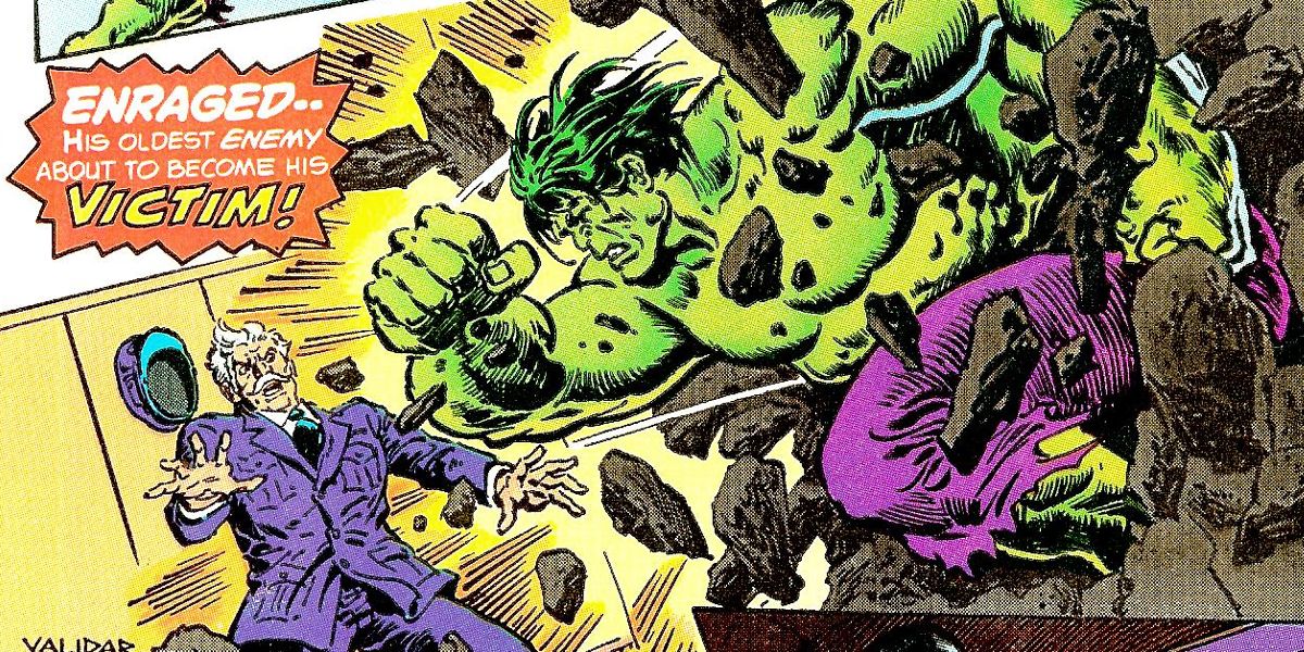 The Hulk bursts through the wall of a building, surprising Thunderbolt Ross.