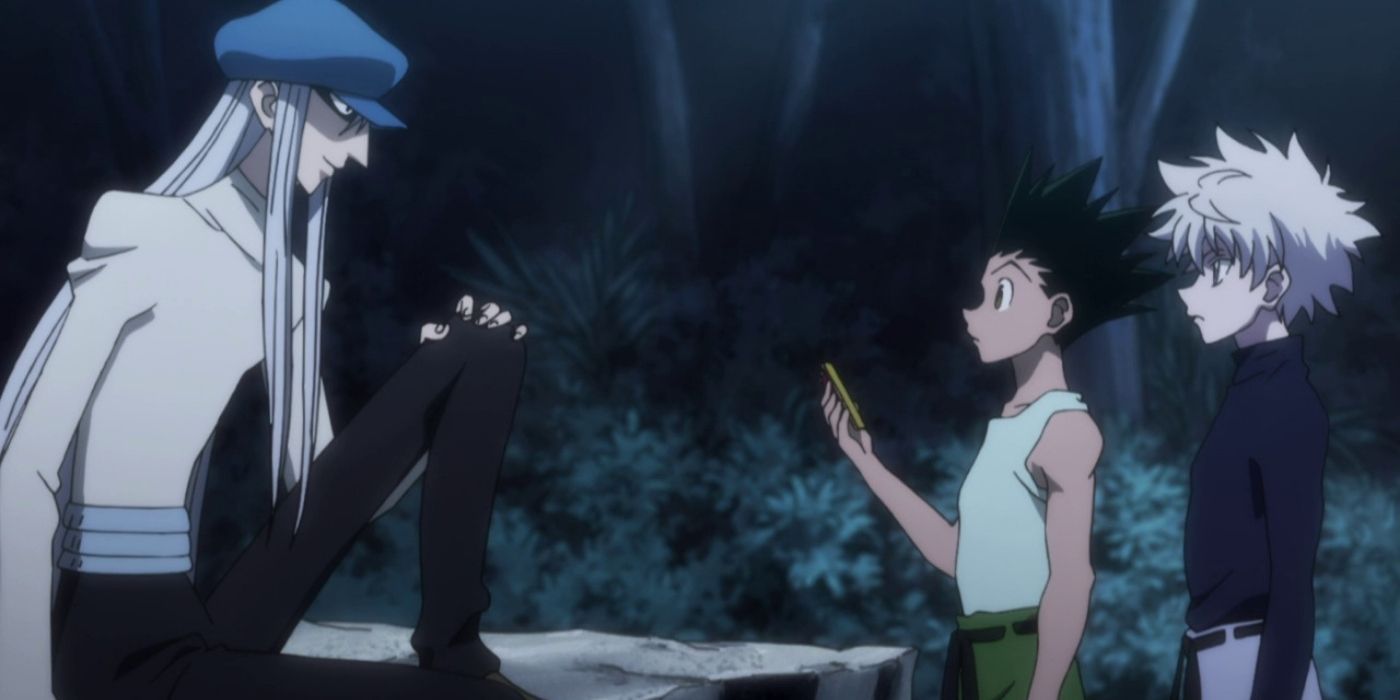 Gon Freecss and a young boy talking to a long-haired man in Hunter x Hunter