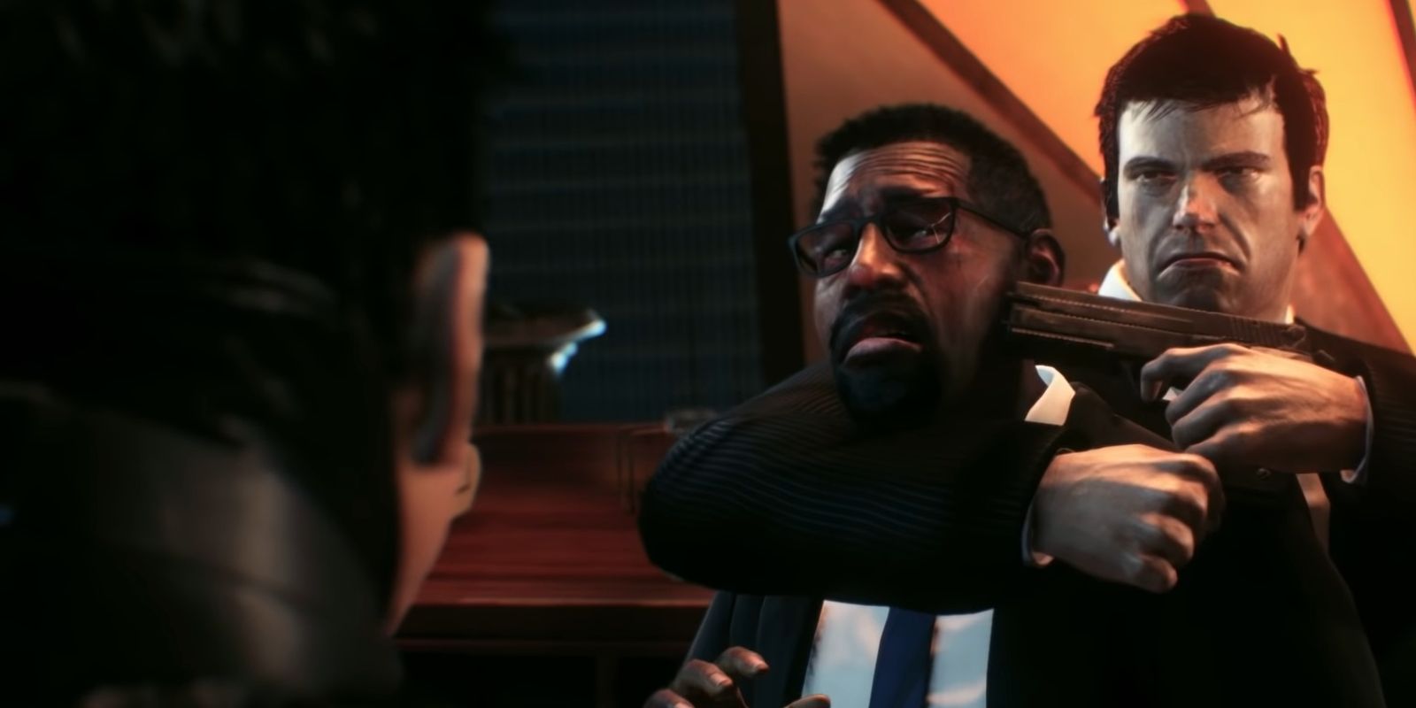 Hush holding Lucius Fox hostage while confronting Bruce Wayne in Batman: Arkham Knight
