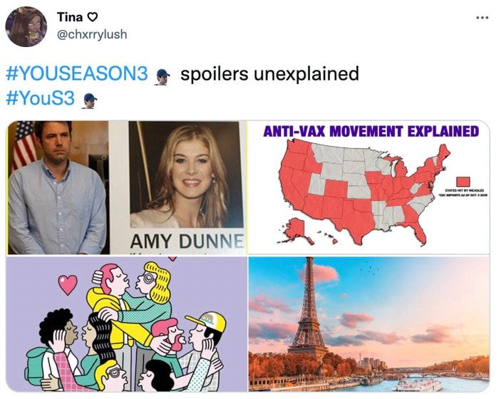 you season 3 summarized in images, featuring amy dunne, a map of anti-vaxxers, people all kissing, and the eiffel tower