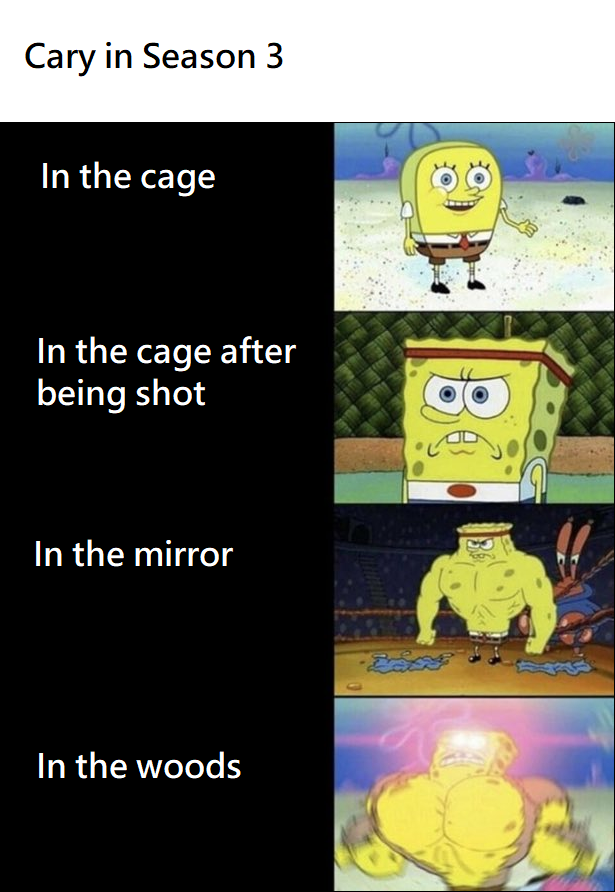 a chart with spongebob reference pics about cary from you season 3