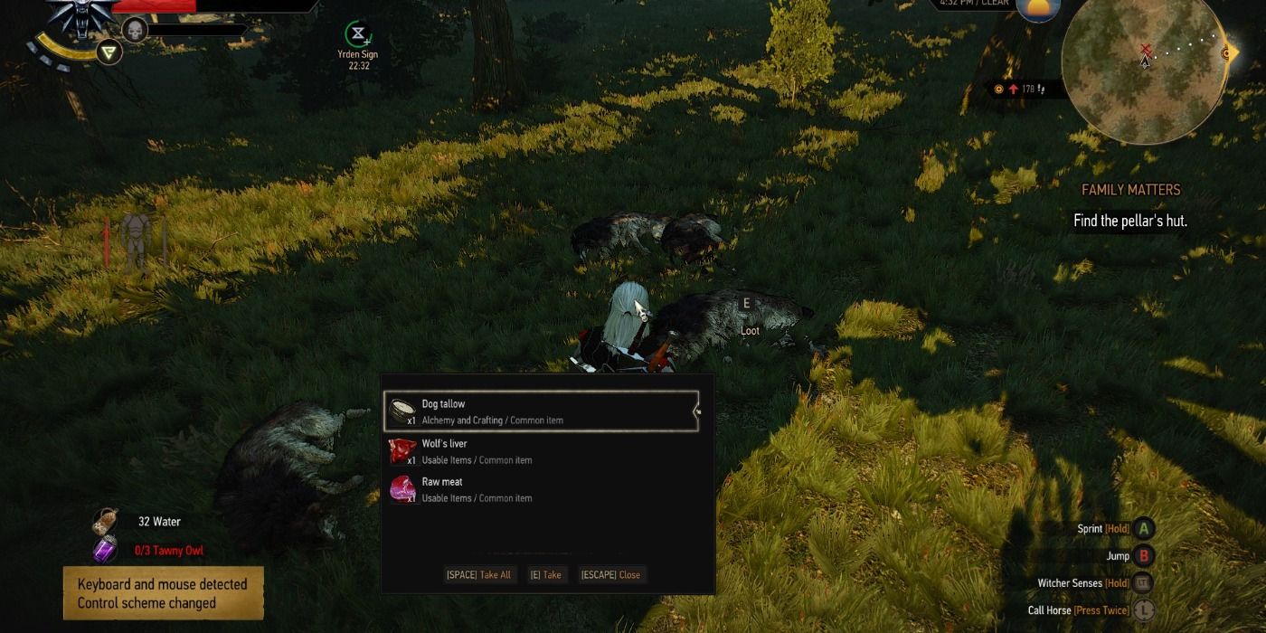 Captura de tela de Geralt recebendo saques aumentados de animais em The Witcher 3