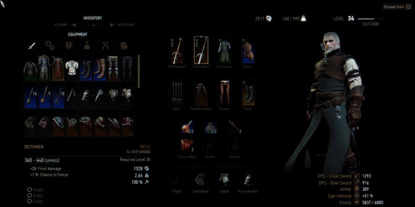 Creator' screenshot of Geralt's gear at 100 durability in The Witcher 3