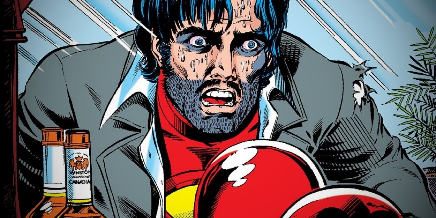 Tony Stark sweats and looks at his reflection in the mirror in Iron Man comics.