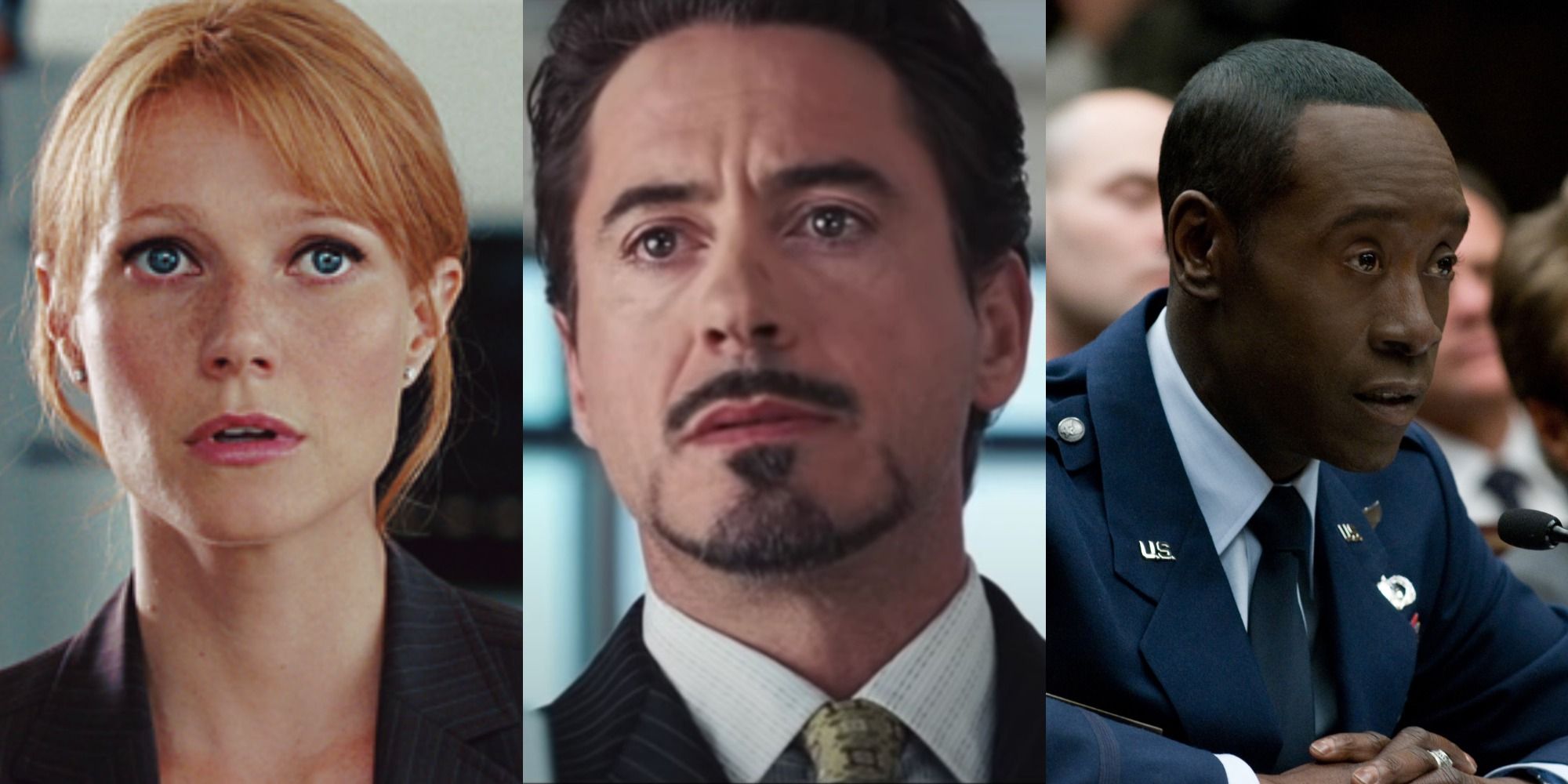 Split image of Pepper Potts, Tony Stark and James 'Rhodey' Rhodes in the MCU's Iron Man trilogy