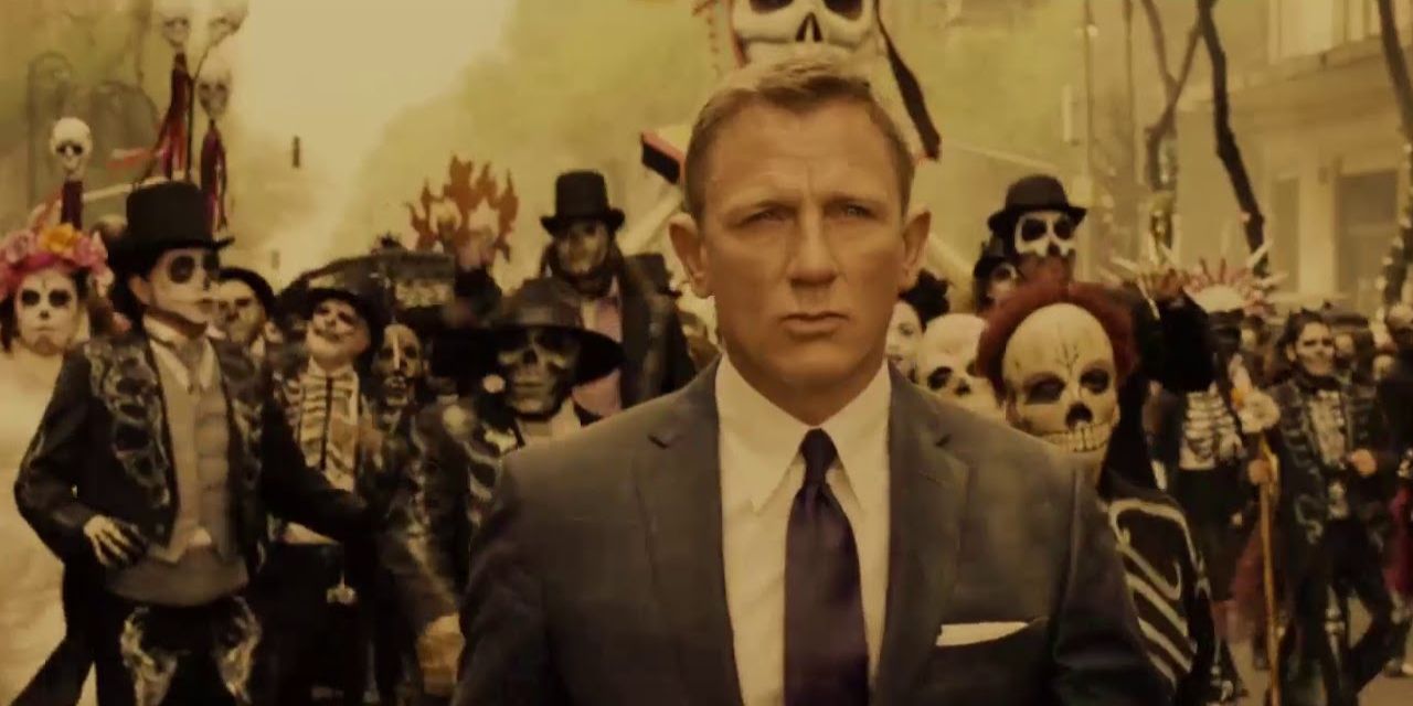 James Bond walks in a Day of the Dead parade in Spectre.