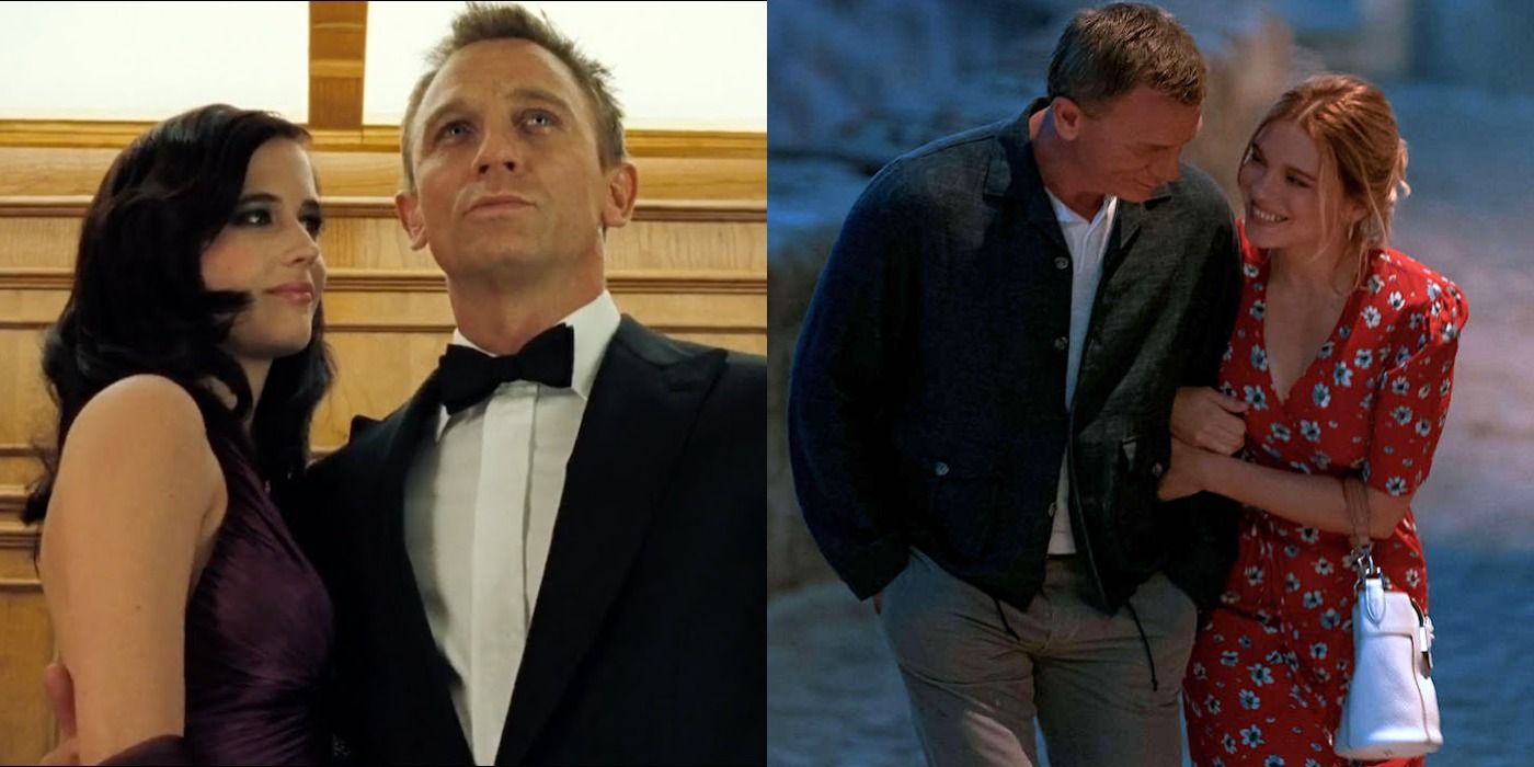 Split image of James Bond and Vesper in a lift with James Bond and Madeleine walking arm in arm