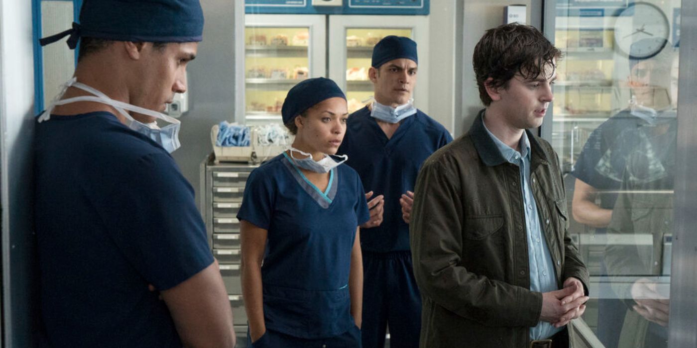 Jared, Claire, Dr. Melendez, and Shaun looking through a glass divider in The Good Doctor.