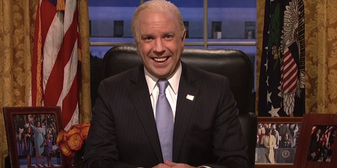 Jason Sudeikis sits at a desk as Joe Biden on SNL