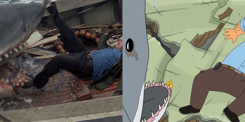 Quint fighting off the shark in Jaws split with Teddy fighting off the shark in Bob's Burgers