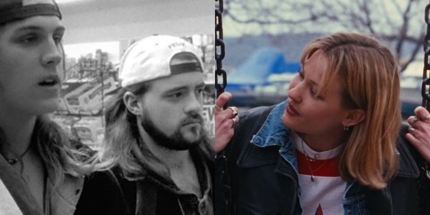 Split image of Jay and Silent Bob in Clerks and Alyssa in Chasing Amy.