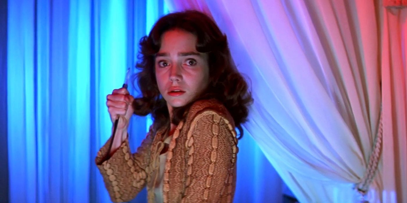 Jessica Harper hiding in Suspiria.