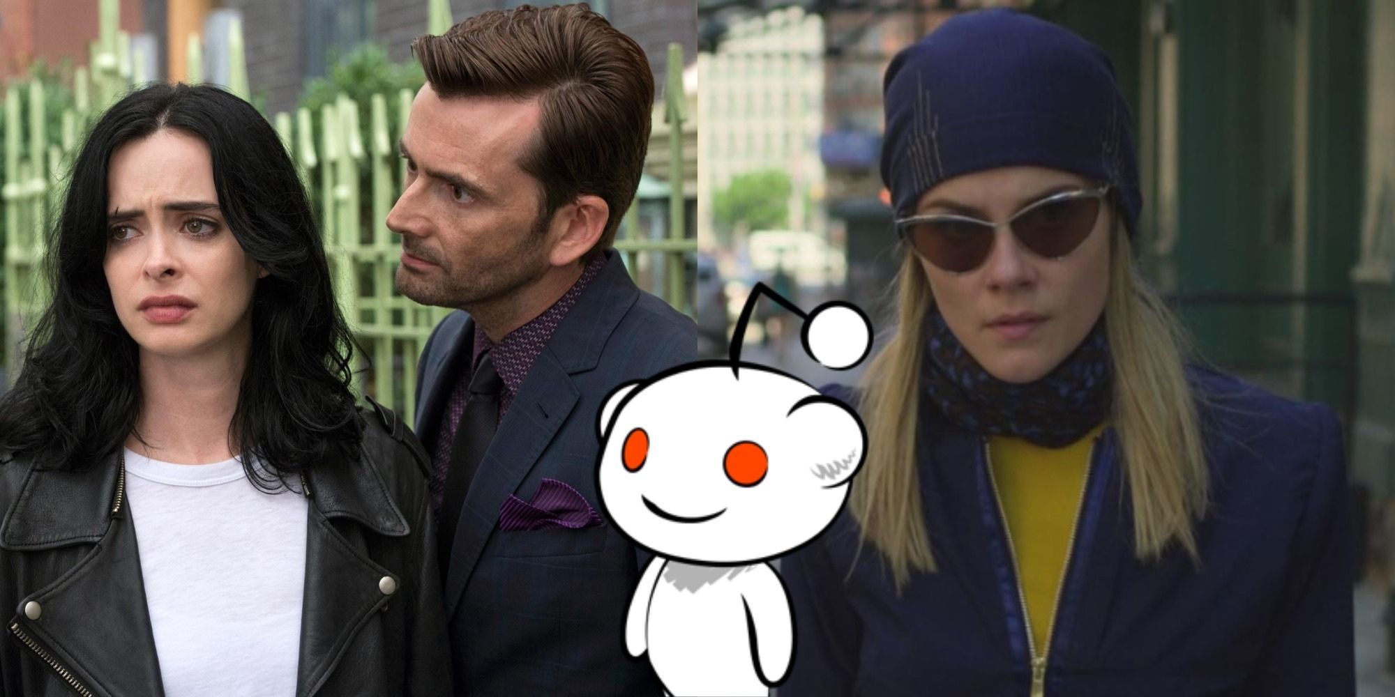 Split image showing Jessica Jones and Kilgrave, and Trish along with Snoo from Reddit.