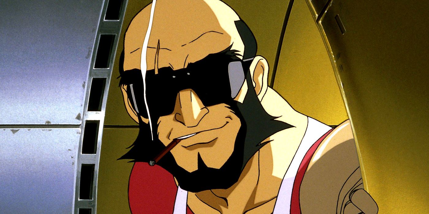 Jet Black wears shades and smokes with a smirk on his face in Cowboy Bebop