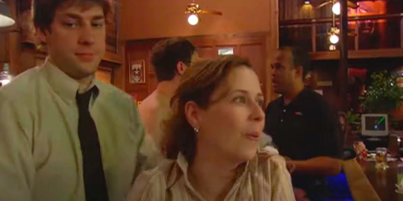 Jim escorting Pam out of Chilis after falling off a chair on The Office