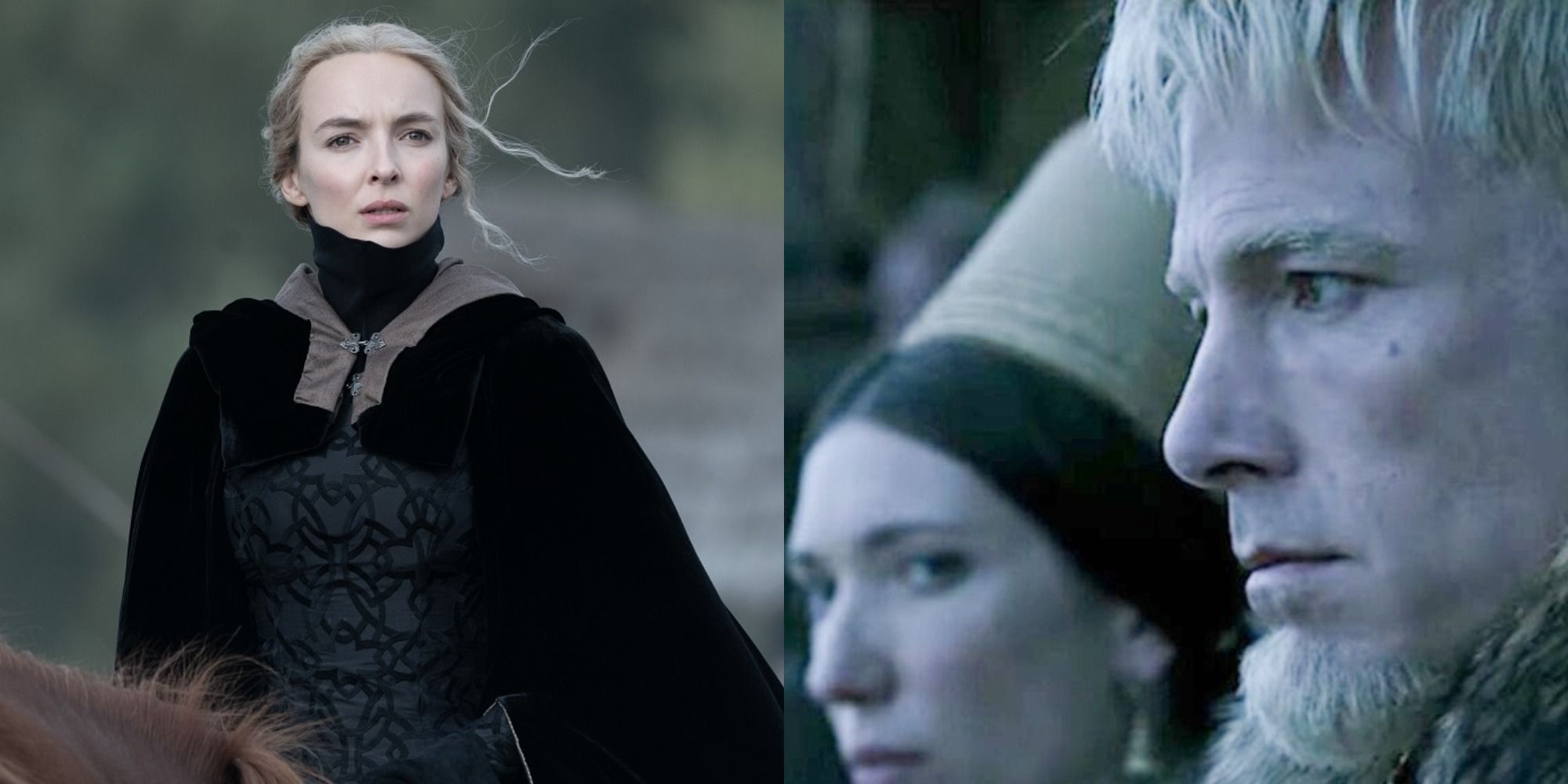 Split image of Jodie Comer riding a horse & Ben Affleck watching the court in The Last Duel.