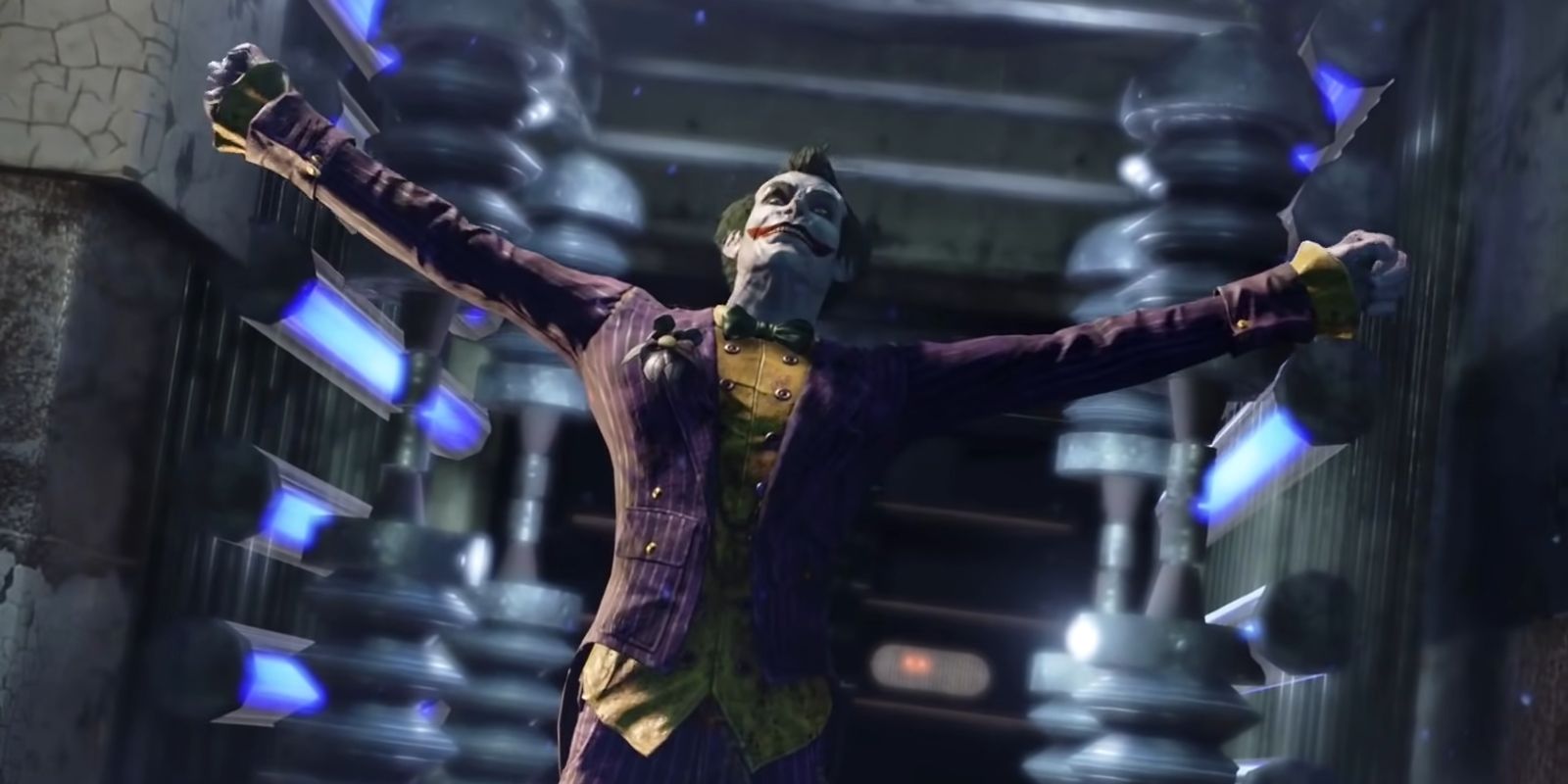Joker celebrating with his arms spread in Batman: Arkham Asylum