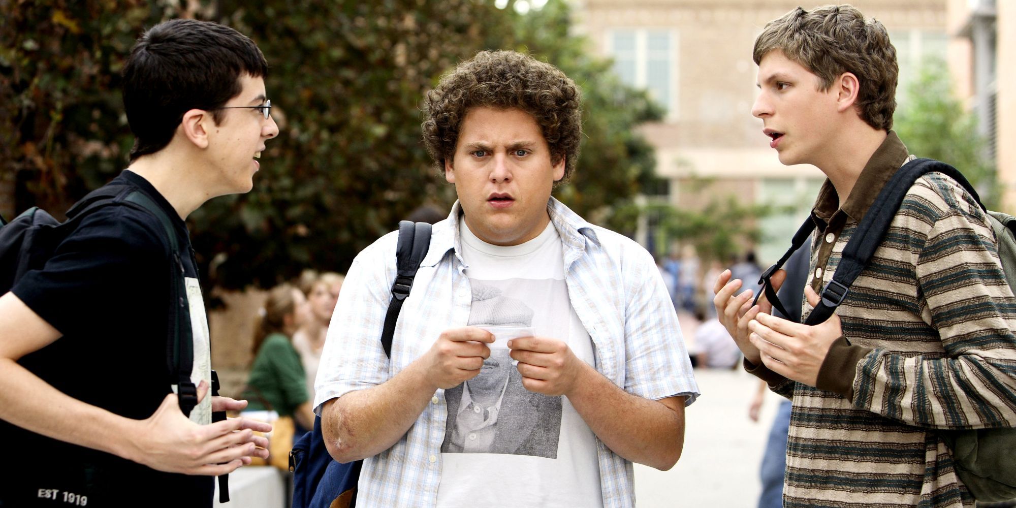 Fogell, Seth, and Evan in Superbad talking