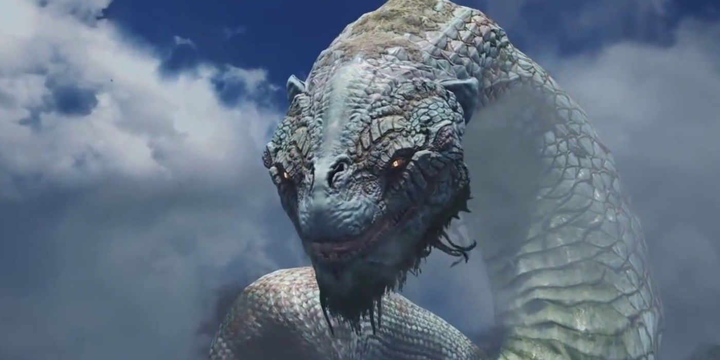 Jormungandr is awake and is surrounded by clouds in God of War.