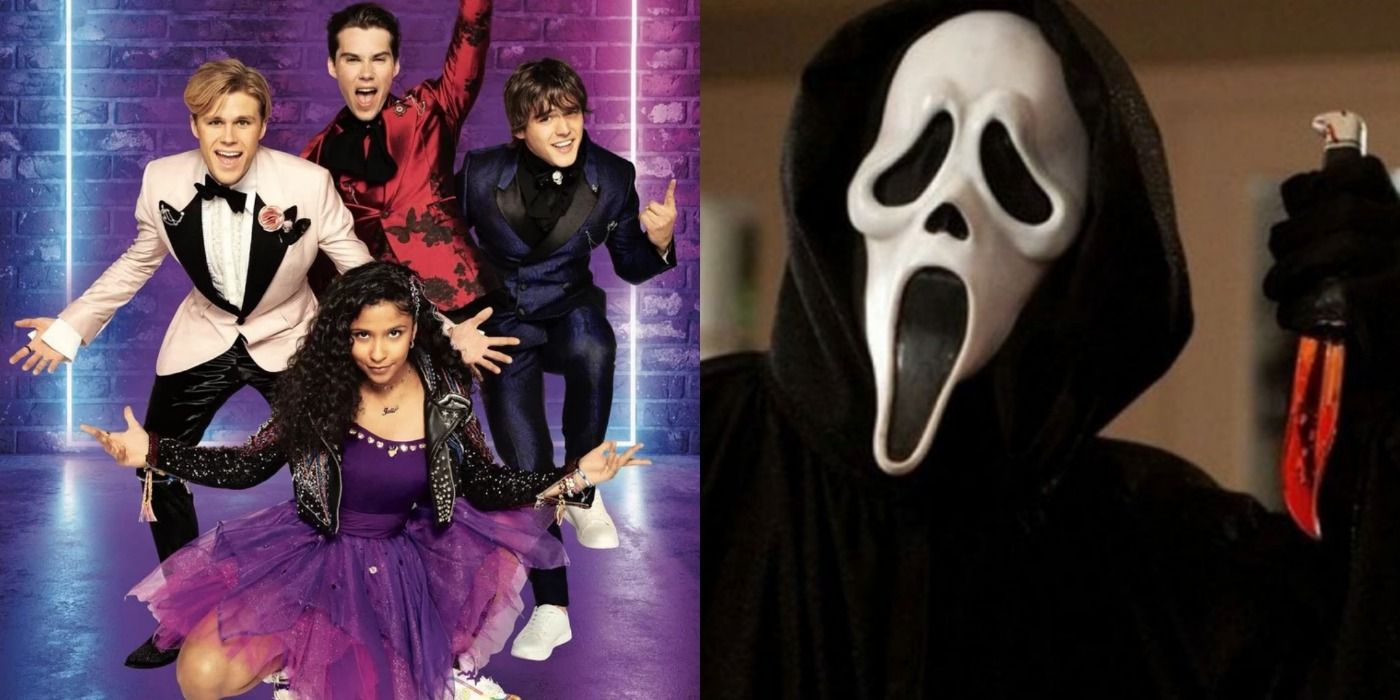 A split image features the Julie And The Phantoms band members and Ghostface from Scream.