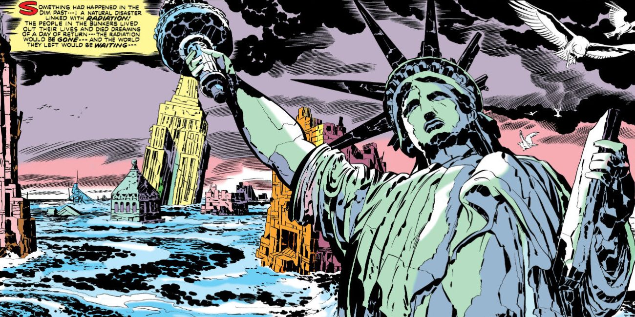 A destroyed Statue of Liberty lies in the ruins of NYC in Kamandi.