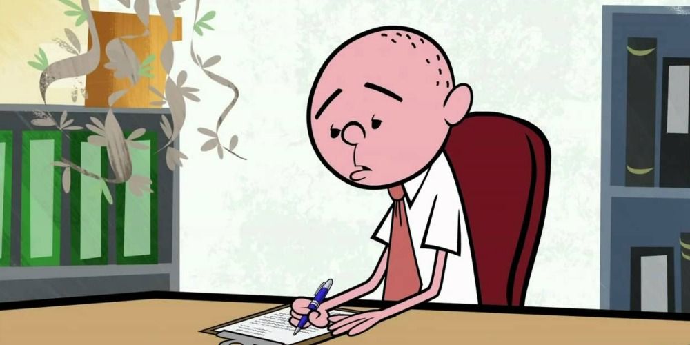 Karl writing a letter on Ricky Gervais Show