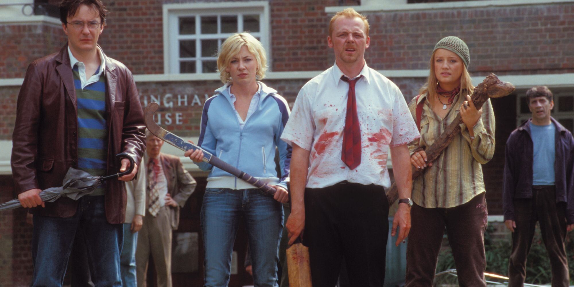 Kate Ashfield, Simon Pegg, and Lucy Davis in the film Shaun of the Dead