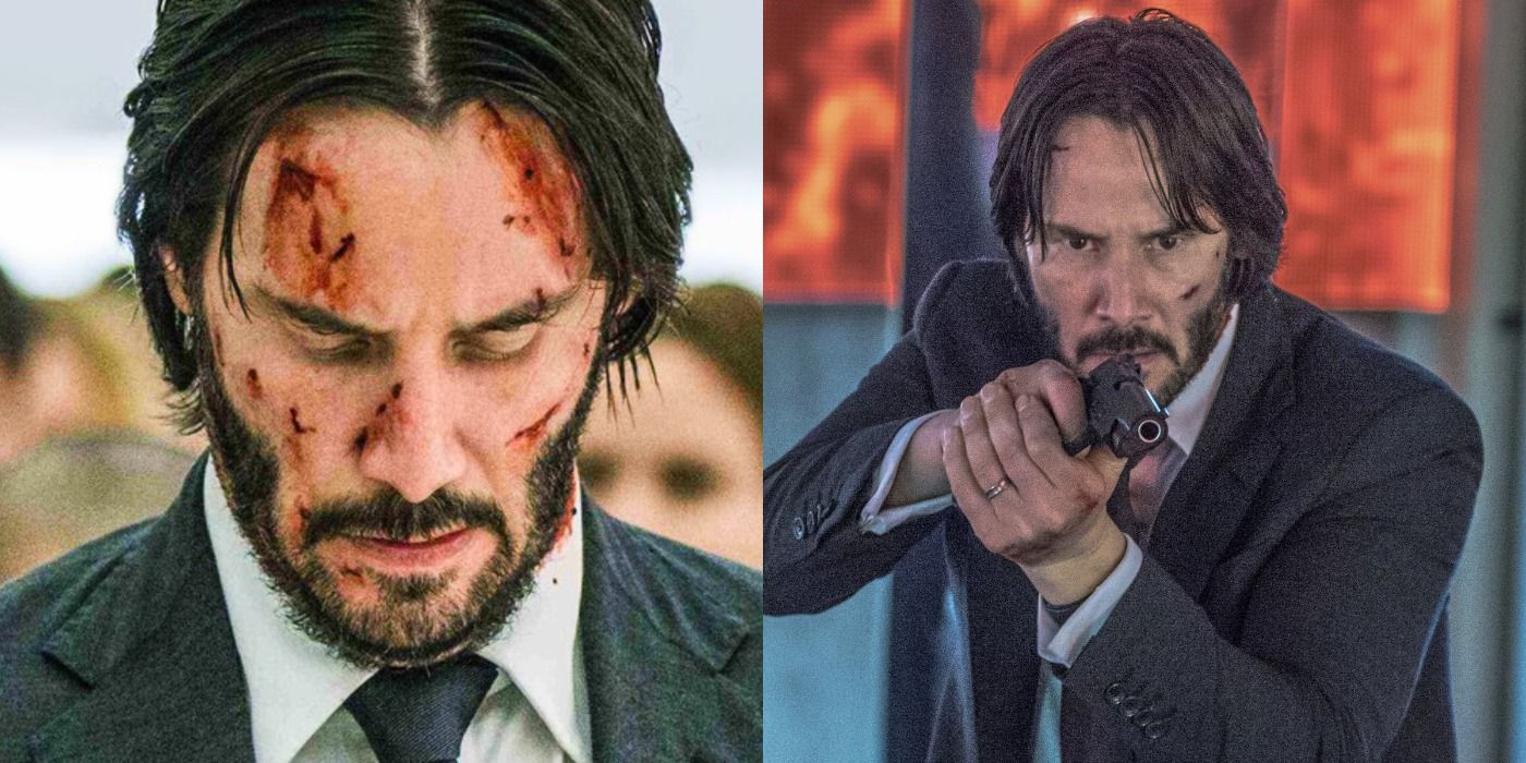 Split image: Keanu Reeves as John Wick looking done with bloody scars on his face and John aiming his gun forward