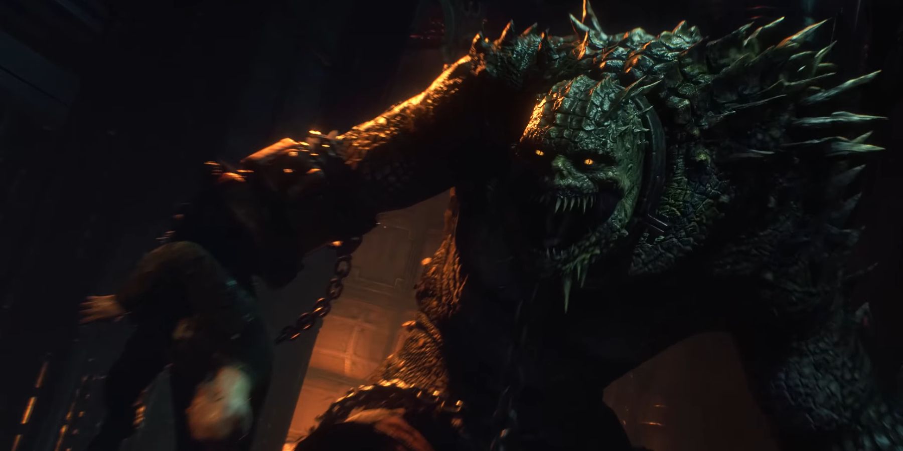 Killer Croc roaring while kidnapping the warden in Batman: Arkham Knight