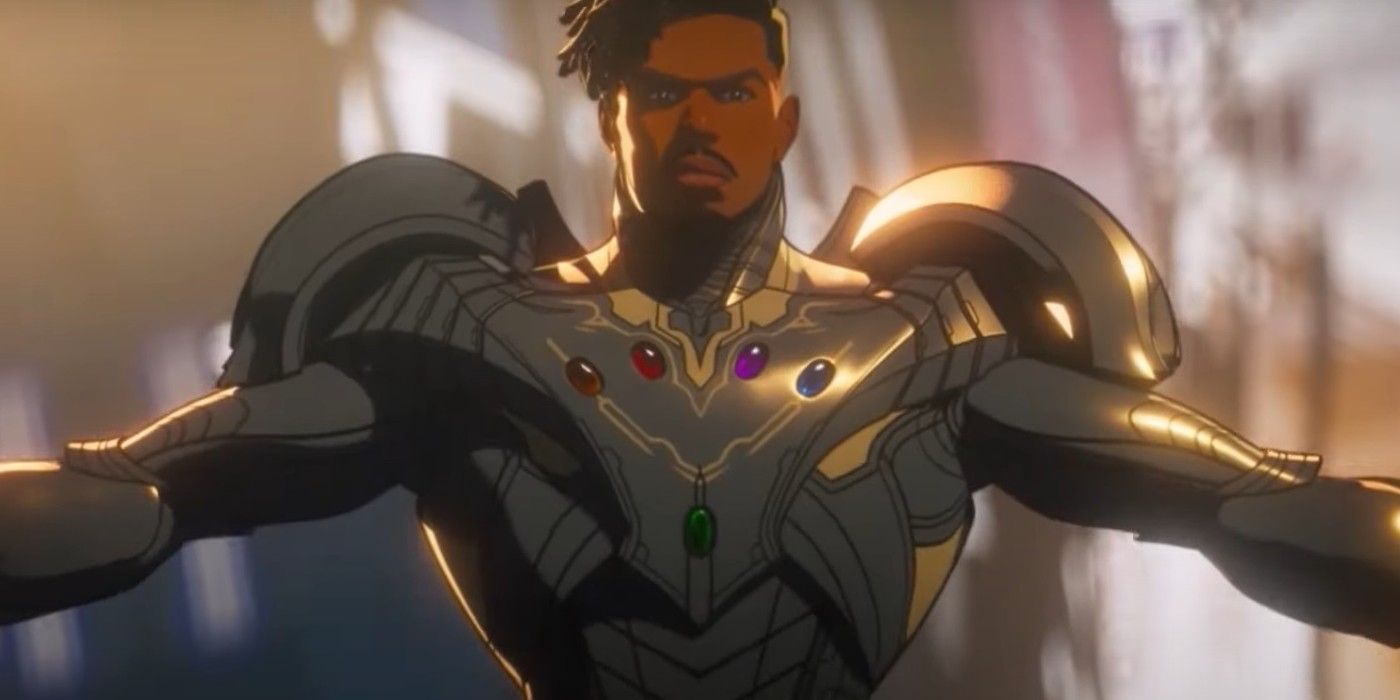 Killmonger wielding the Infinity Stones and raising his arms in Marvel's What If...?