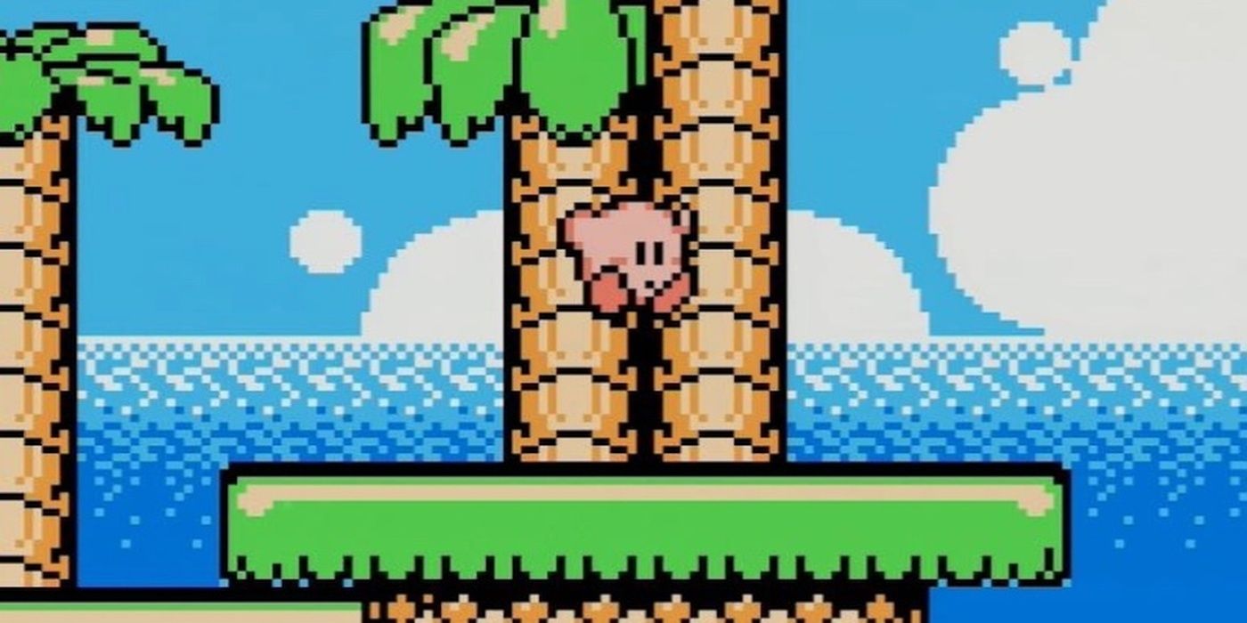 Kirby having an adventure on a tropical island