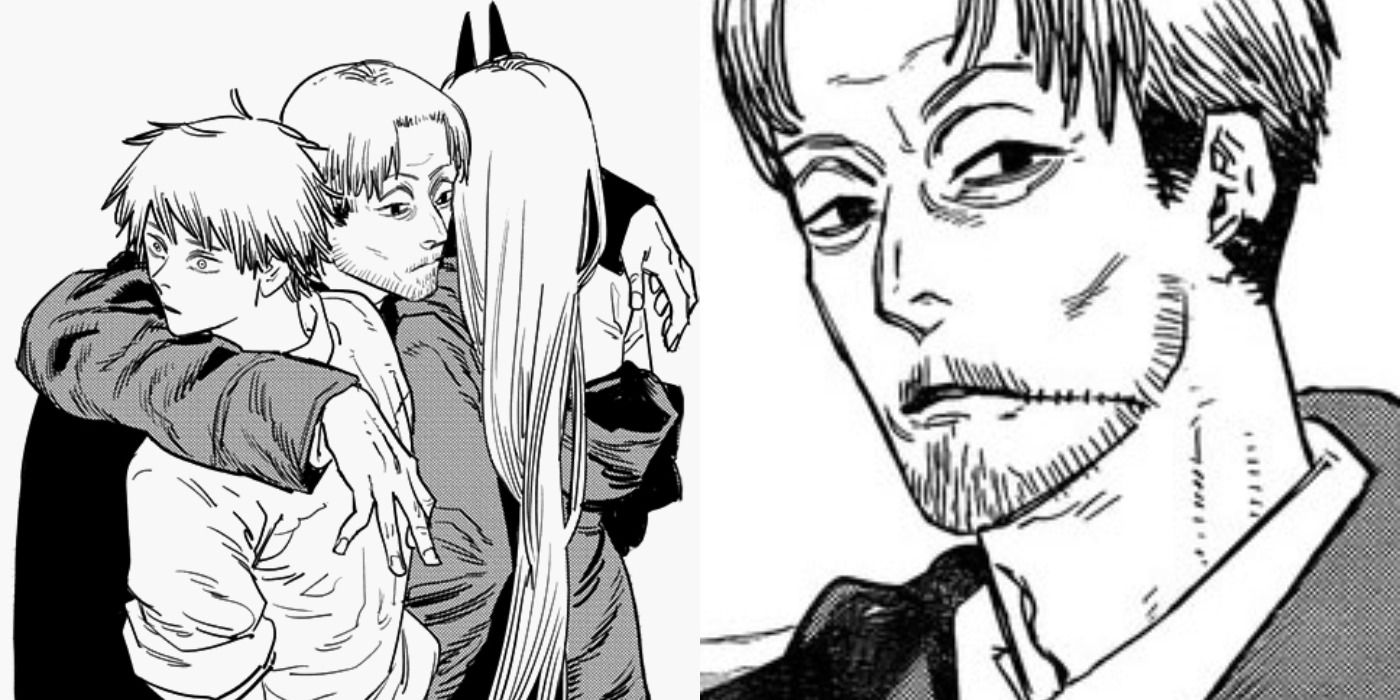 Split image of Kishibe in Chainsaw Man with Denji and Power