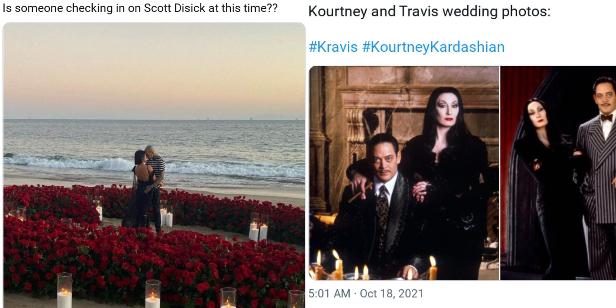 Split image of a meme featuring Kourtney Kardashian and Travis Barker's engagement photos beside a meme of their wedding photos featuring Gomez and Morticia Addams