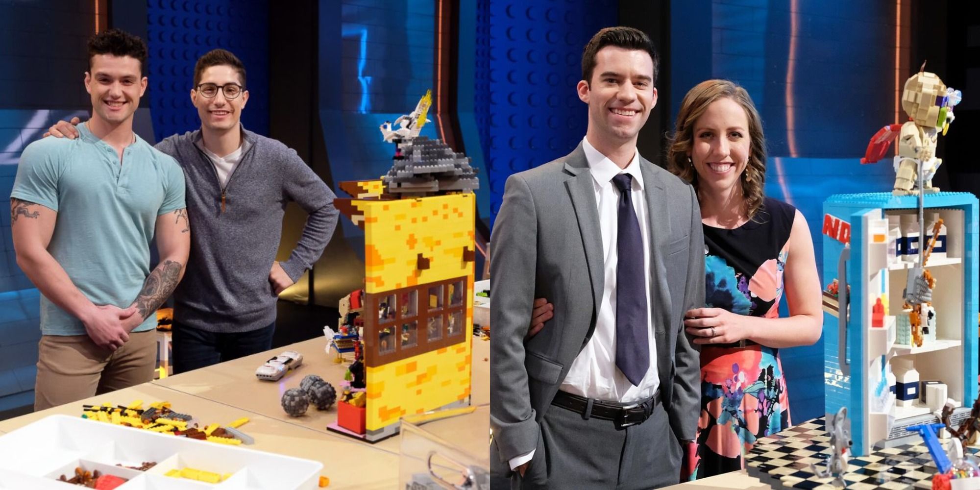 Split image showing Aaron and Christian, and Tyler and Amy from LEGO Masters