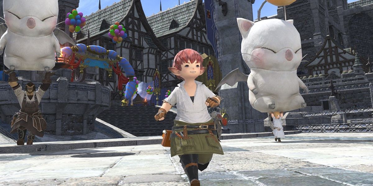 A Lalafell runs around one of Final Fantasy XIV's cities.