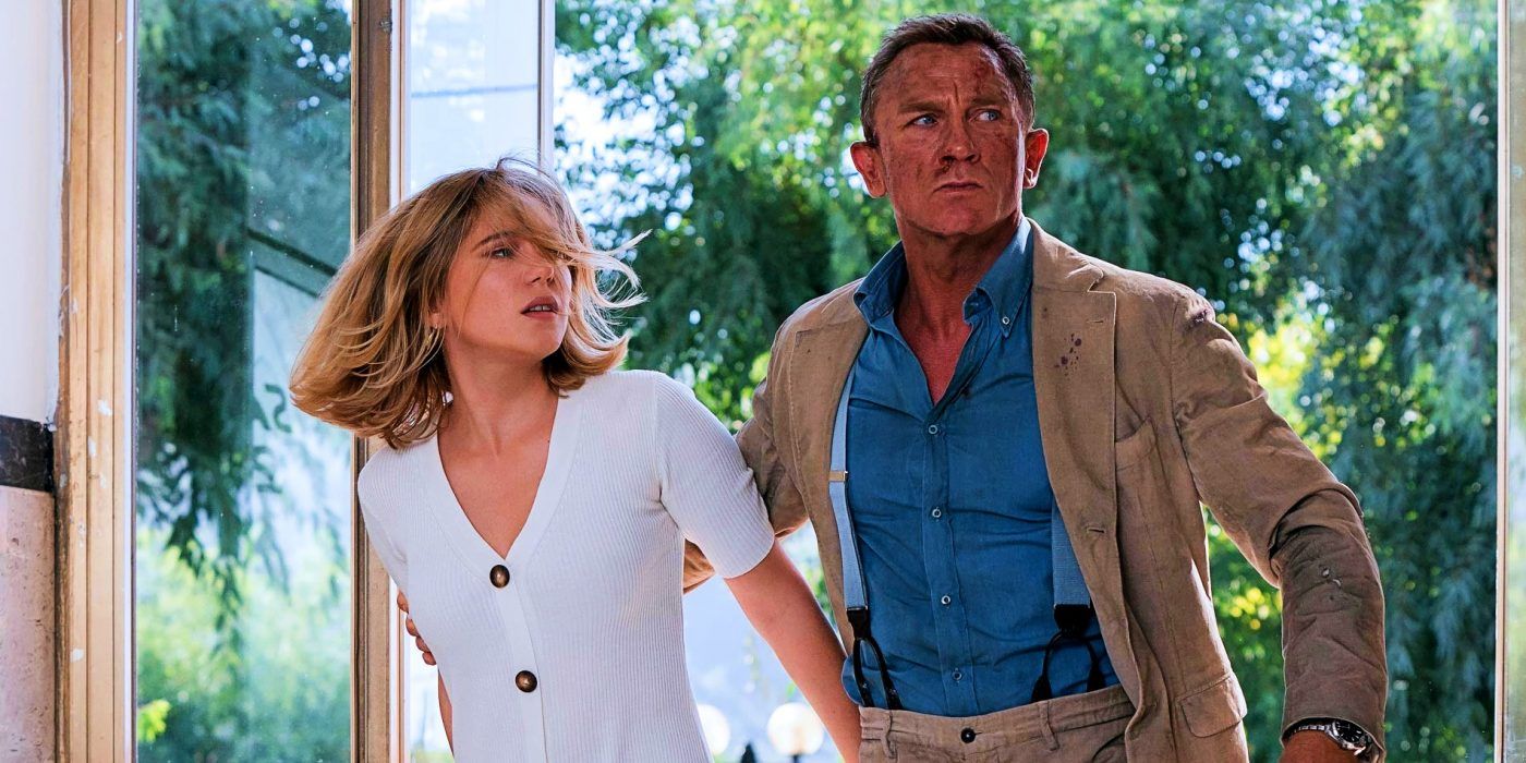 Lea Seydoux and Daniel Craig rushing to the car in No Time to Die