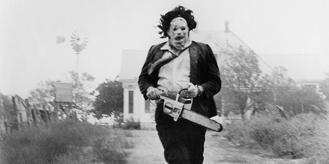 Leatherface giving chase in The Texas Chainsaw Massacre.