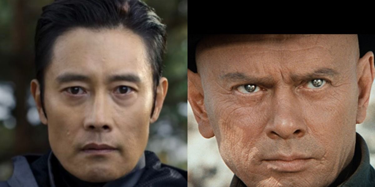 Lee Byung-hun as the Front Man in Squid Game beside Yul Brynner as the Man in Black in Westworld