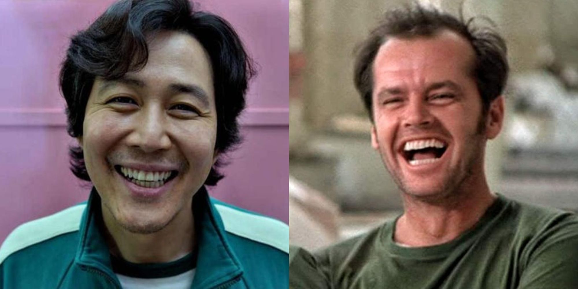 Lee Jung-jae as Seong Gi-hun in Squid Game beside Jack Nicholson as Randle McMurphy in One Flew Over The Cuckoo's Nest as featured image in Squid Game retrocast '70s